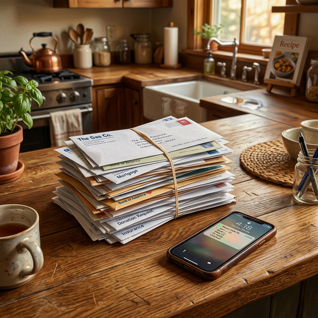 Phone with missed calls and unopened mail on a kitchen counter